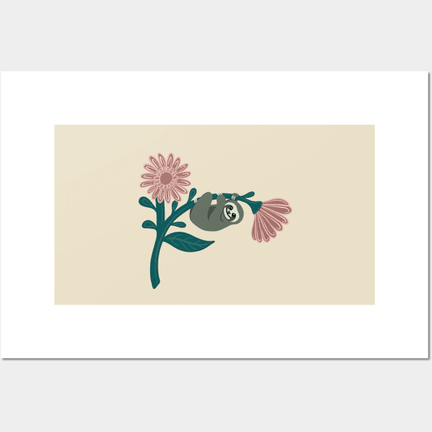 Just hanging around - happy sloth on giant daisy Wall Art by NewBranchStudio